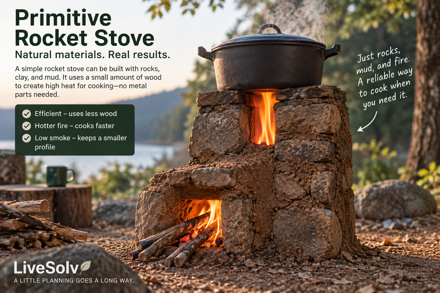 Completed primitive rocket stove made from rocks and mud with a small wood-feed opening and cooking pot above the vertical chimney
