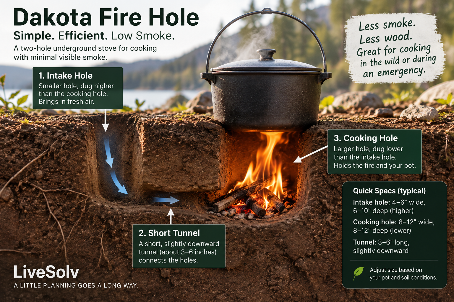 Realistic cutaway diagram of a Dakota fire hole showing a higher air intake, short connecting tunnel and one fire beneath the cooking pot