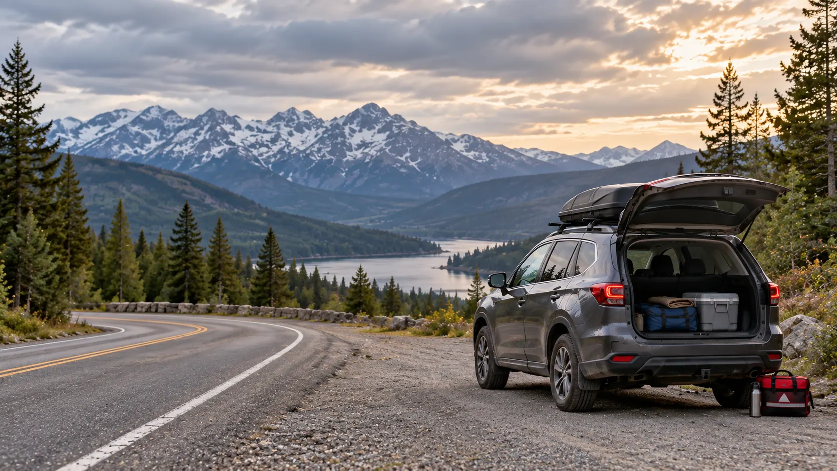 Vehicle prepared for travel at golden hour