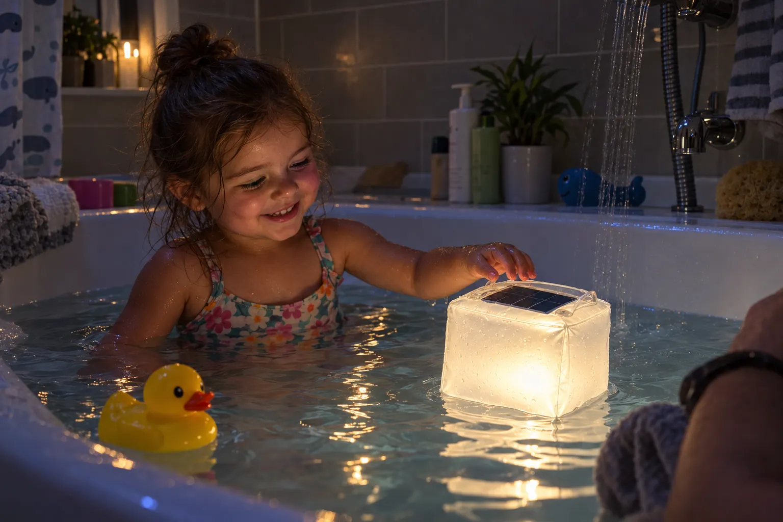 Child safely playing in a bathtub beside a glowing floating solar lantern