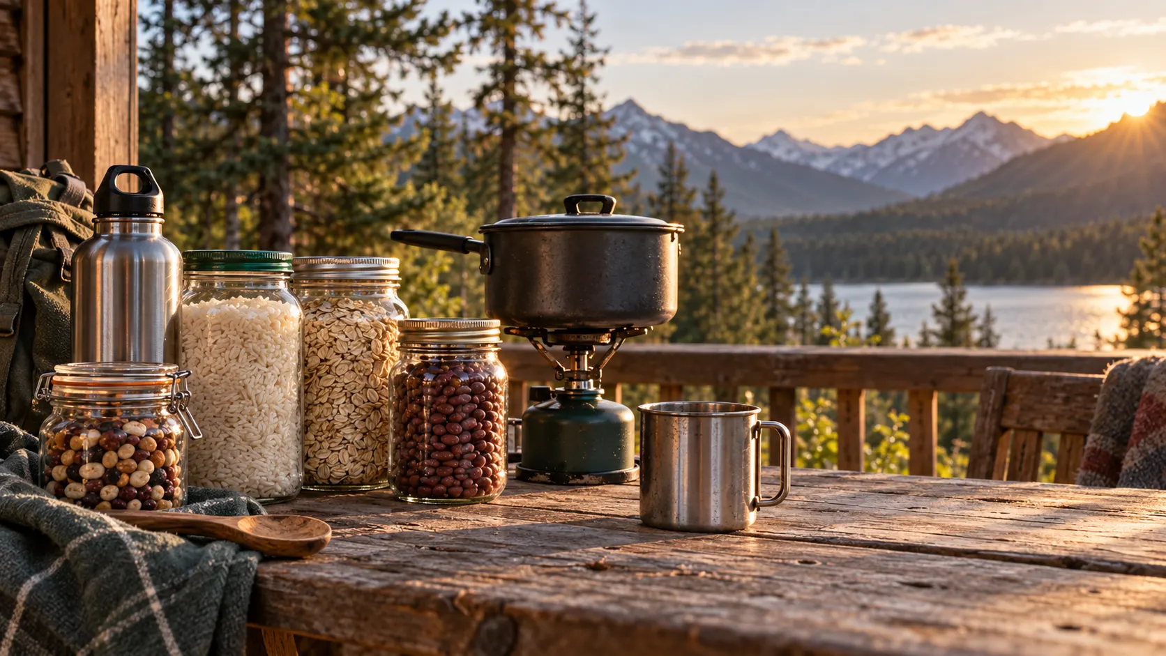 Practical food and water supplies in warm golden light