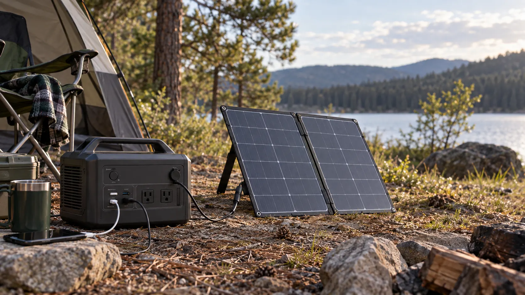 Portable power station and solar panel at golden hour